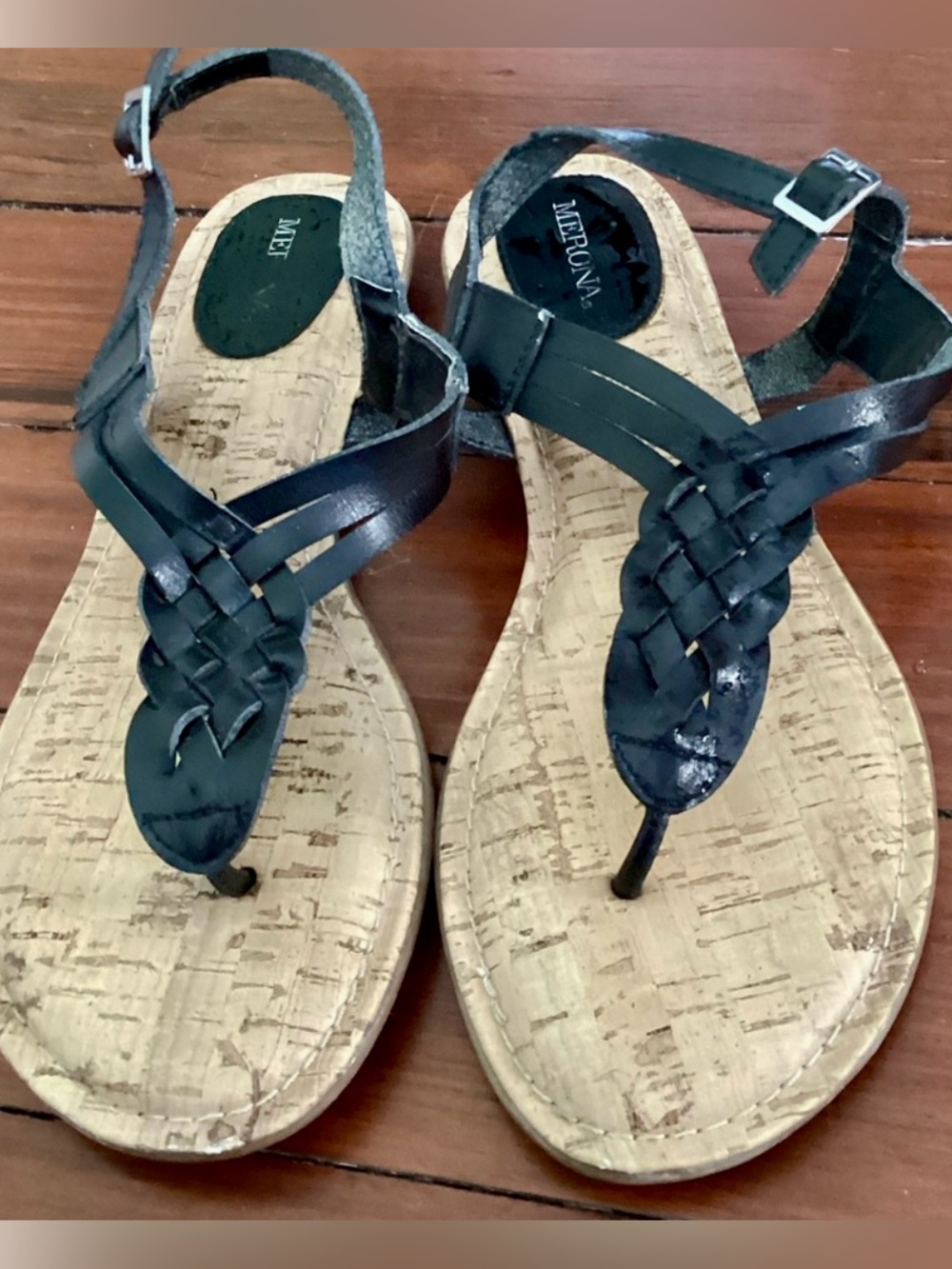 Merona Black Braided T-Strap Cork Style Sandals size 11